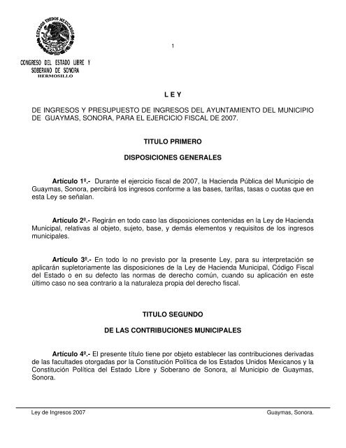 Ley de Ingresos 2007 - H. Ayuntamiento de Guaymas