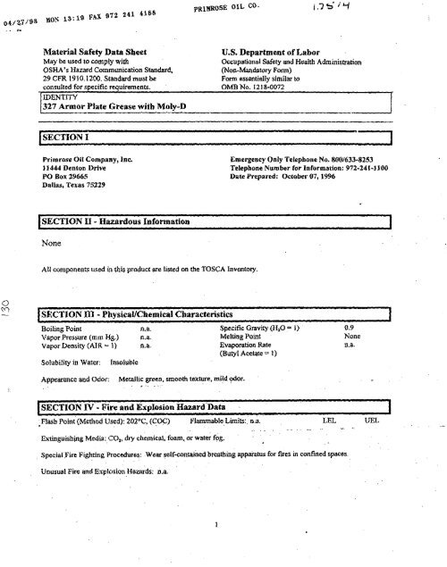 Material Safety Data Sheet 327 Armo Plate Grease with MolyD I