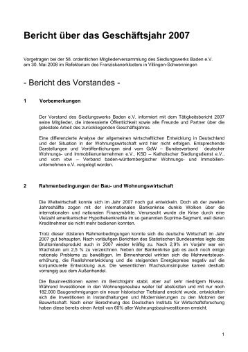 Bericht über das Geschäftsjahr 2007 - Siedlungswerk Baden eV