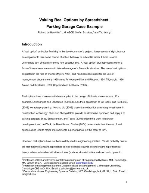 Valuing Real Options by Spreadsheet: Parking Garage Case ... - MIT