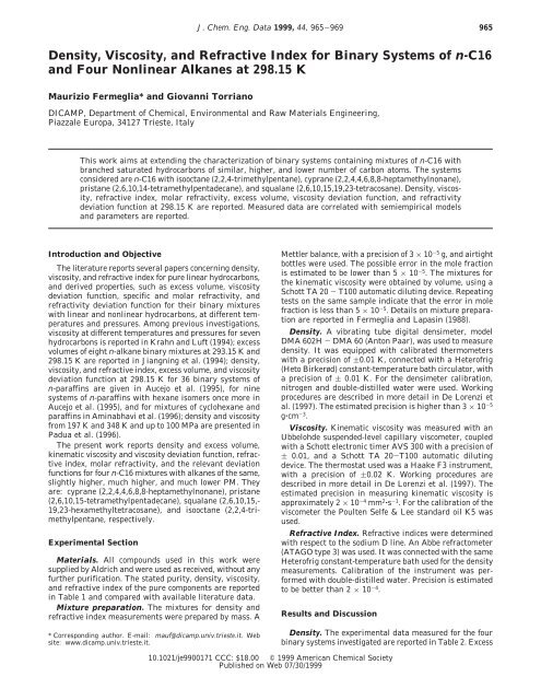 Density, Viscosity, and Refractive Index for Binary ... - ResearchGate