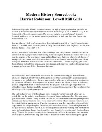 Modern History Sourcebook: Harriet Robinson: Lowell Mill Girls