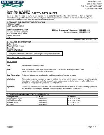 sullube material safety data sheet - D.R. Guilbeault Air Compressor