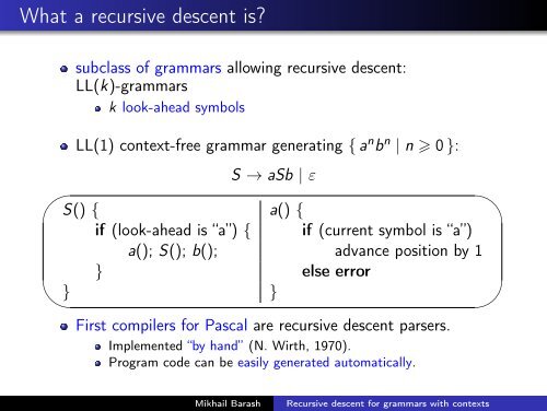 Recursive descent parsing for grammars with contexts