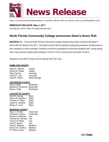 North Florida Community College announces Dean's Honor Roll