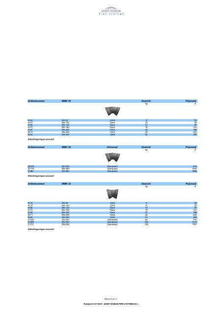 Saint-Gobain Pipe Systems B V  - Prijslijst drinkwater mofbuizen en ...