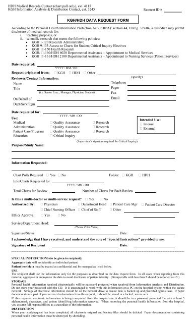 KGH/HDH Data Request Form for Pulling Medical Records