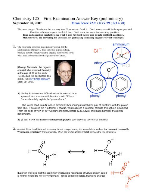 Chemistry 125 First Examination Answer Key (preliminary ...