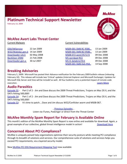 Platinum Technical Support Newsletter - The Place at McAfee