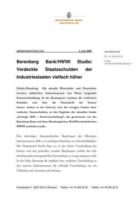 Medienmitteilung Studie Zur Staatsverschuldung Berenberg Bank