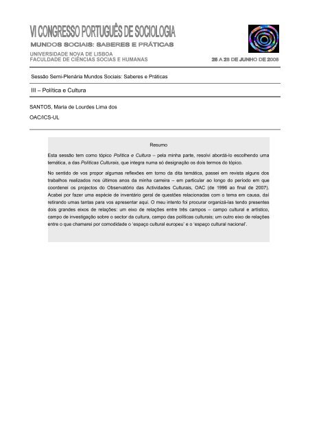 III – Política e Cultura - Associação Portuguesa de Sociologia