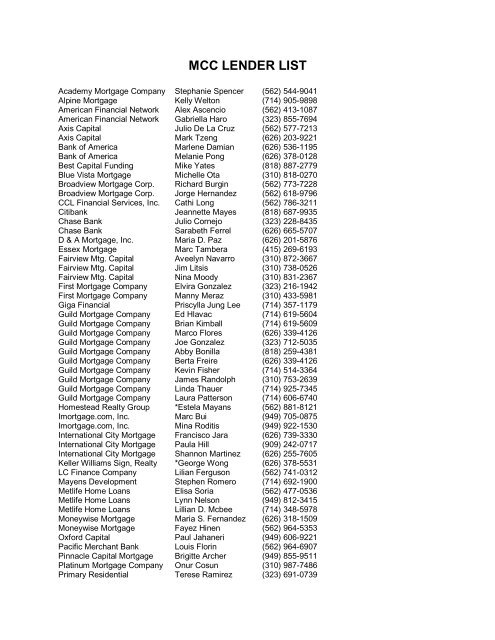 MCC LENDER LIST