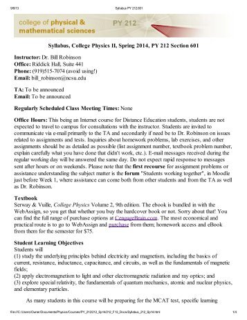 Syllabus, College Physics II, Spring 2014, PY 212 Section ... - Delta