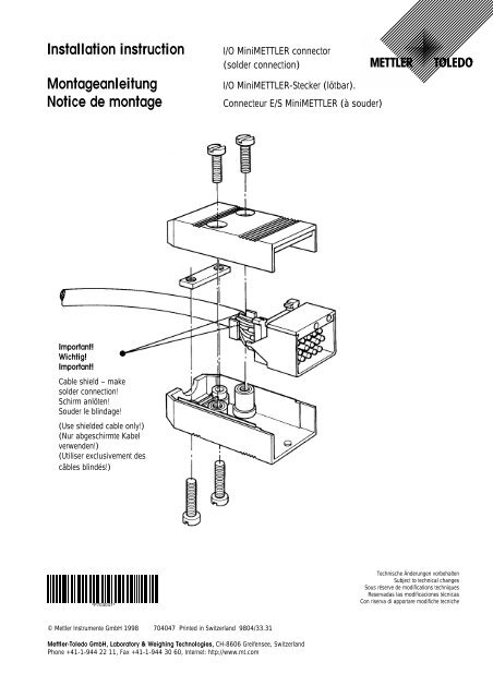 Installation instructions I/O MiniMettler connector - Mettler Toledo