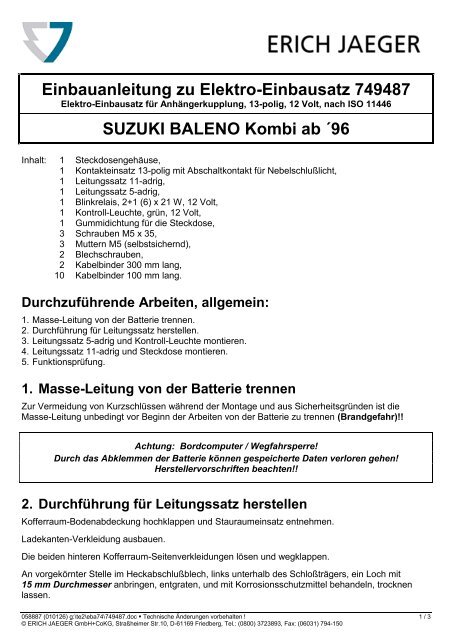 Einbauanleitung zu Elektro-Einbausatz 749487 SUZUKI BALENO ...