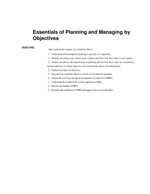 Essentials of Planning and Managing by Objectives