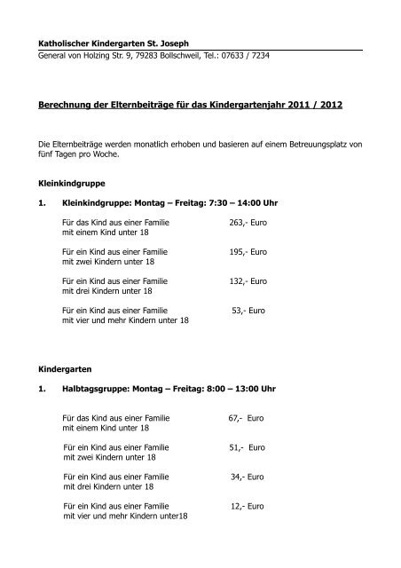 Berechnung der Elternbeiträge für das Kindergartenjahr 2011 / 2012