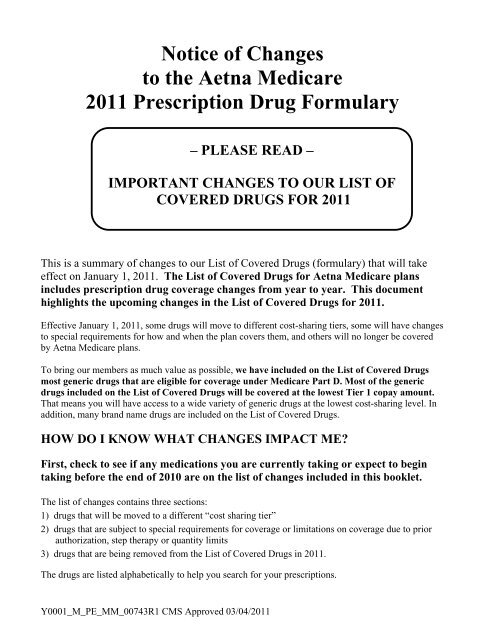 Notice of Changes to the Aetna Medicare 2011 Prescription Drug ...