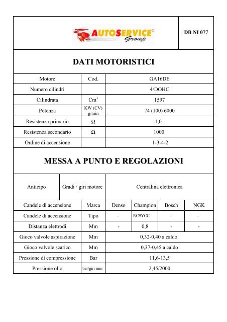 dati motoristici messa a punto e regolazioni - AutoService Group