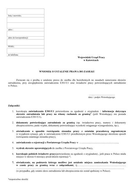 Wniosek o ustalenie prawa do zasiÅ ku dla bezrobotnych