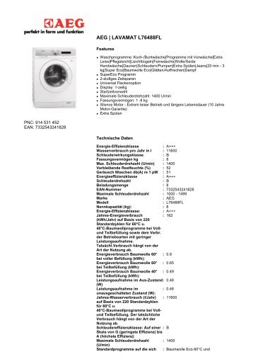 Technische Daten AEG Carat Lavamat L 76488 FL - VS Elektro