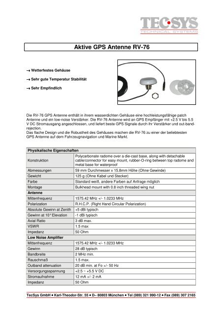 Aktive GPS Antenne RV-76 - TecSys GmbH