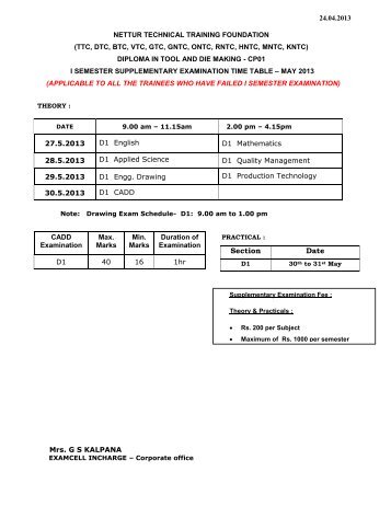 Courses I Semester Supplementary Examination Time Table - NTTF