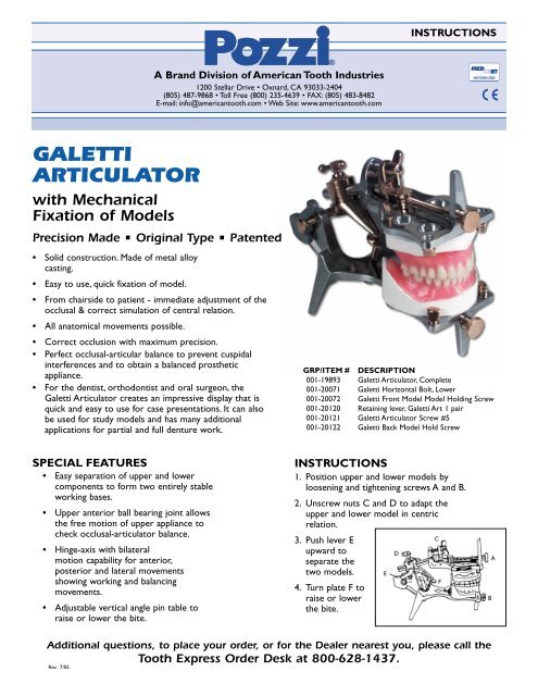 Pozzi Galetti Articulator - American Tooth Industries