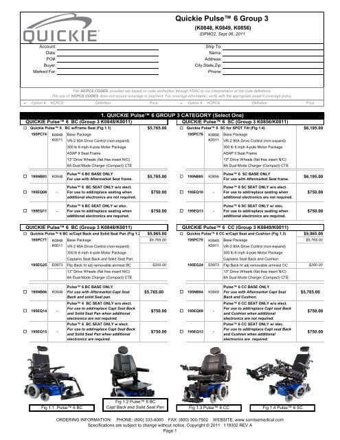 QuickieÂ® Pulse 6 Order Form - Sunrise Medical