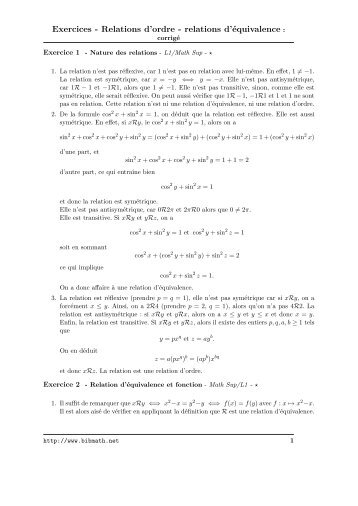 Exercices - Relations d'ordre - relations d'Ã©quivalence : - Bibmath