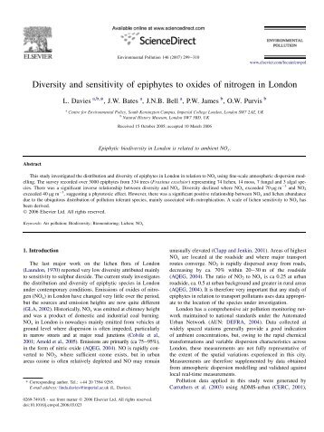 Diversity and sensitivity of epiphytes to oxides of nitrogen in London