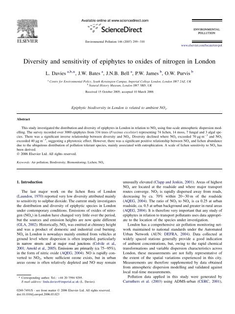 Diversity and sensitivity of epiphytes to oxides of nitrogen in London