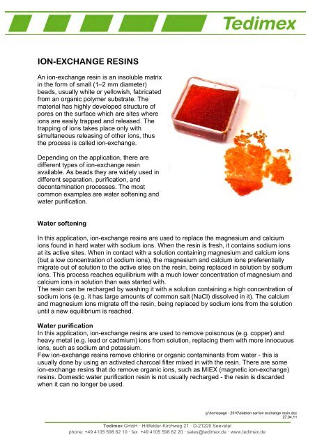 ion exchange resin - Tedimex