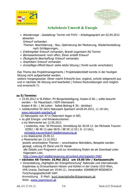 Arbeitskreis Umwelt & Energie Aktenvermerk - g21mauerbach.info