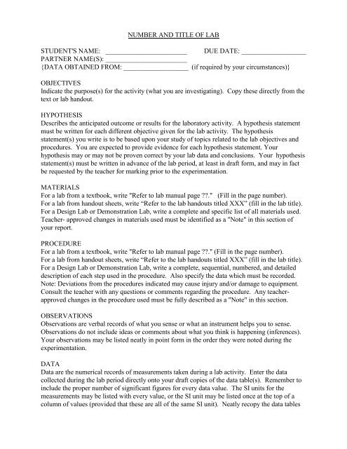 PHYSICS 30S/40S - GUIDE TO LAB ACTIVITIES AND REPORTS