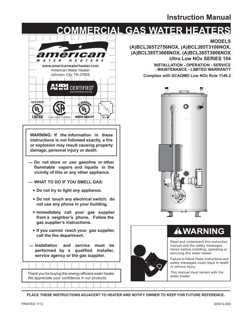 Commercial Gas BCL275-400 (Series 104) - American Water Heaters