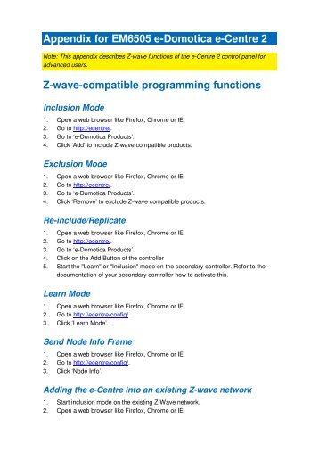 Appendix for EM6505 e-Domotica e-Centre 2 Z-wave-compatible ...