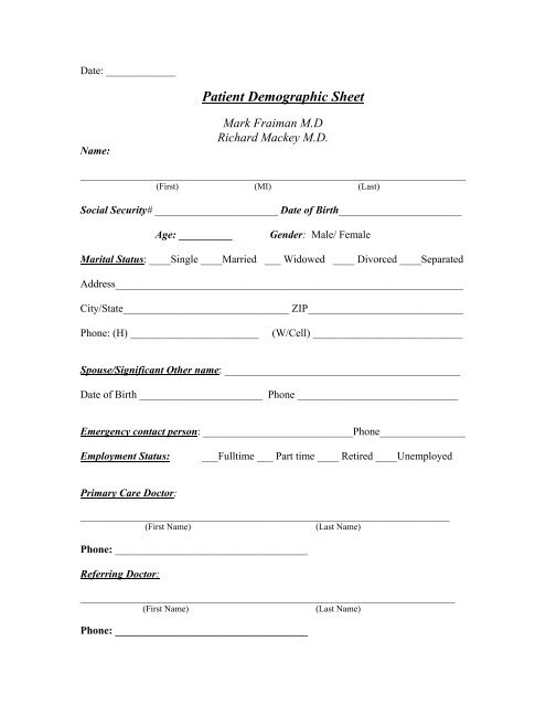 Patient Demographic Sheet - St. Joseph Medical Center