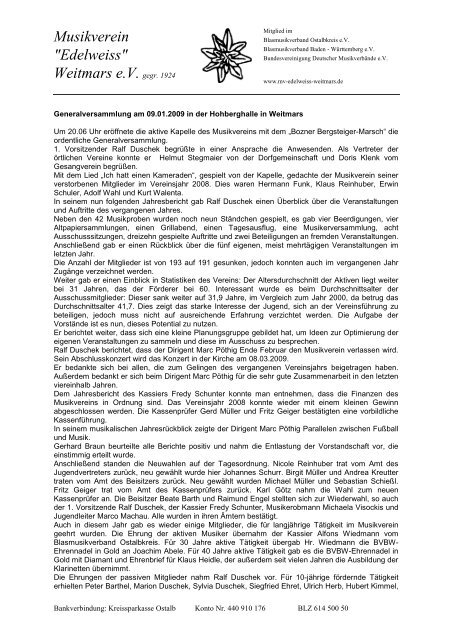Bericht Generalversammlung 2009 - Musikverein Weitmars