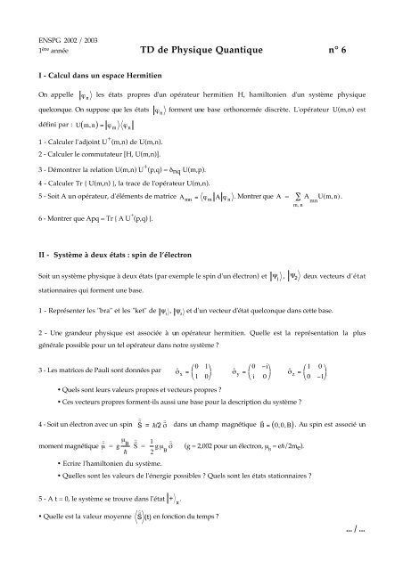 TD de Physique Quantique nÂ° 6 - ADKG