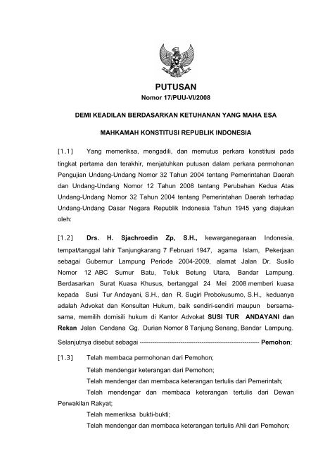 Putusan Mahkamah Konstitusi Nomor 17 Puu Vi 2008 Kpu