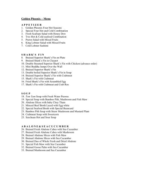 Golden Phoenix Menu