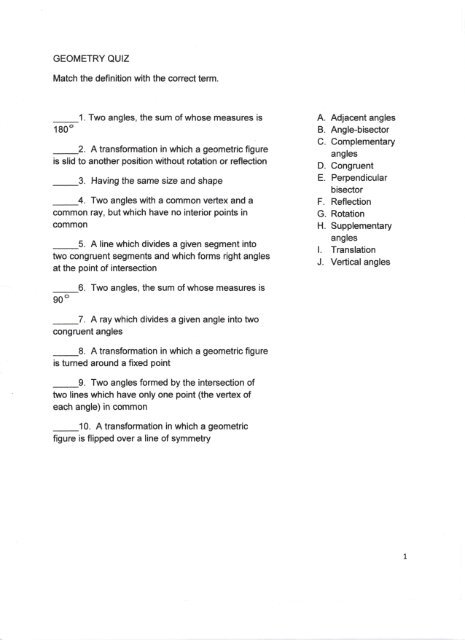 Geometry Quiz Match The Definition With The Correct Term