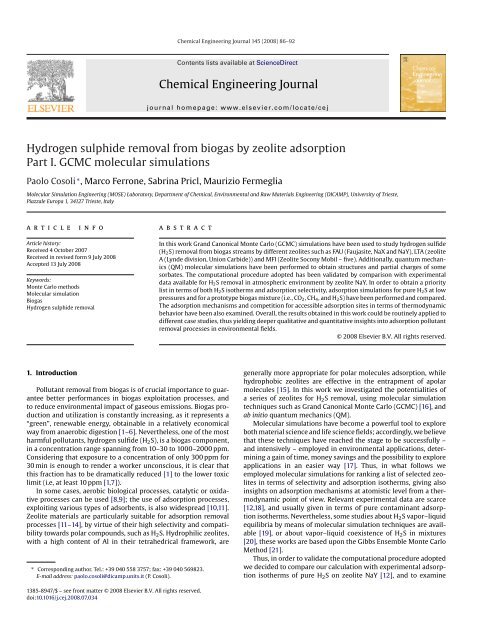 Hydrogen sulphide removal from biogas by zeolite ... - Mose