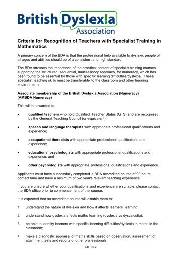 Criteria for Recognition of Teachers with Specialist Training in ...