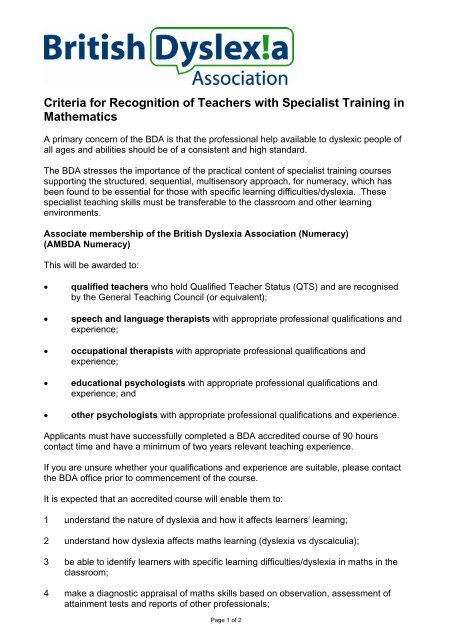 Criteria for Recognition of Teachers with Specialist Training in ...