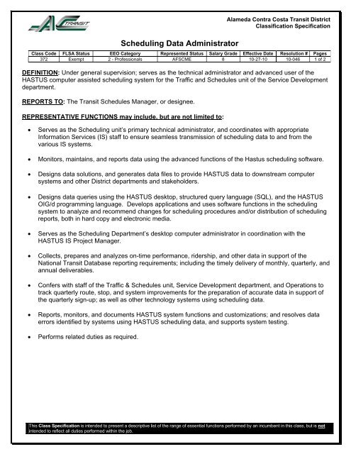 Scheduling Data Administrator - AC Transit