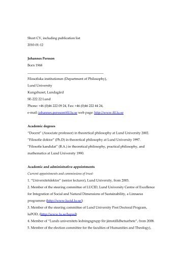 Short CV, including publication list 2010-01-12 Johannes Persson ...