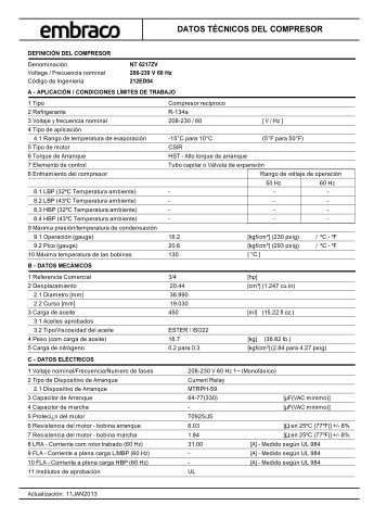 DATOS TÃCNICOS DEL COMPRESOR - Embraco