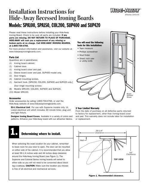 Installation Instructions for Hide Away Recessed Ironing Boards